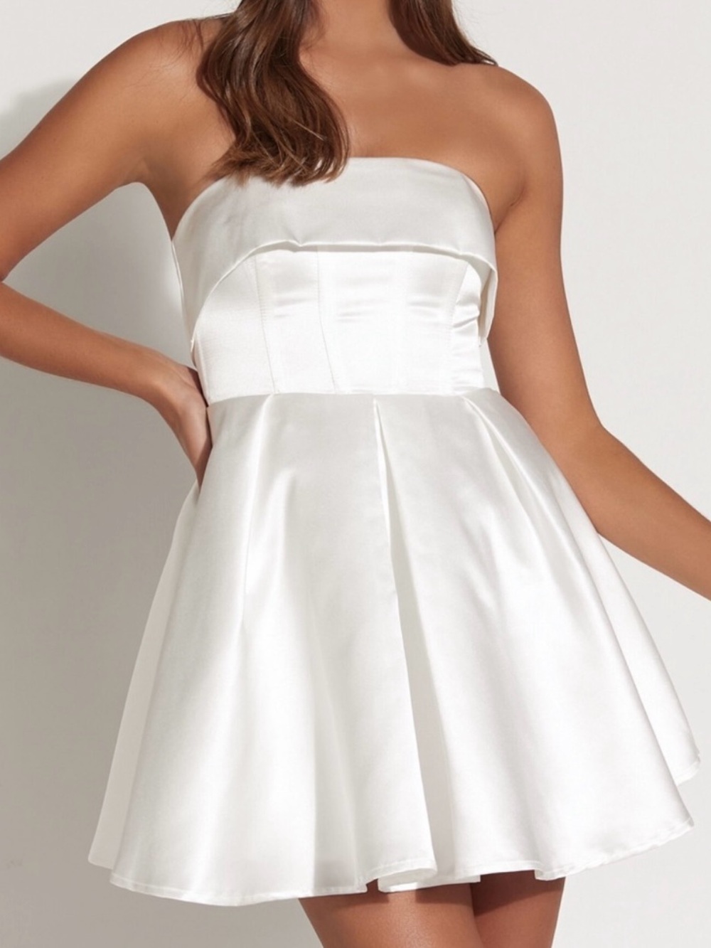 Showpo Ivory Strapless Satin Fit & Flare Mini Dress